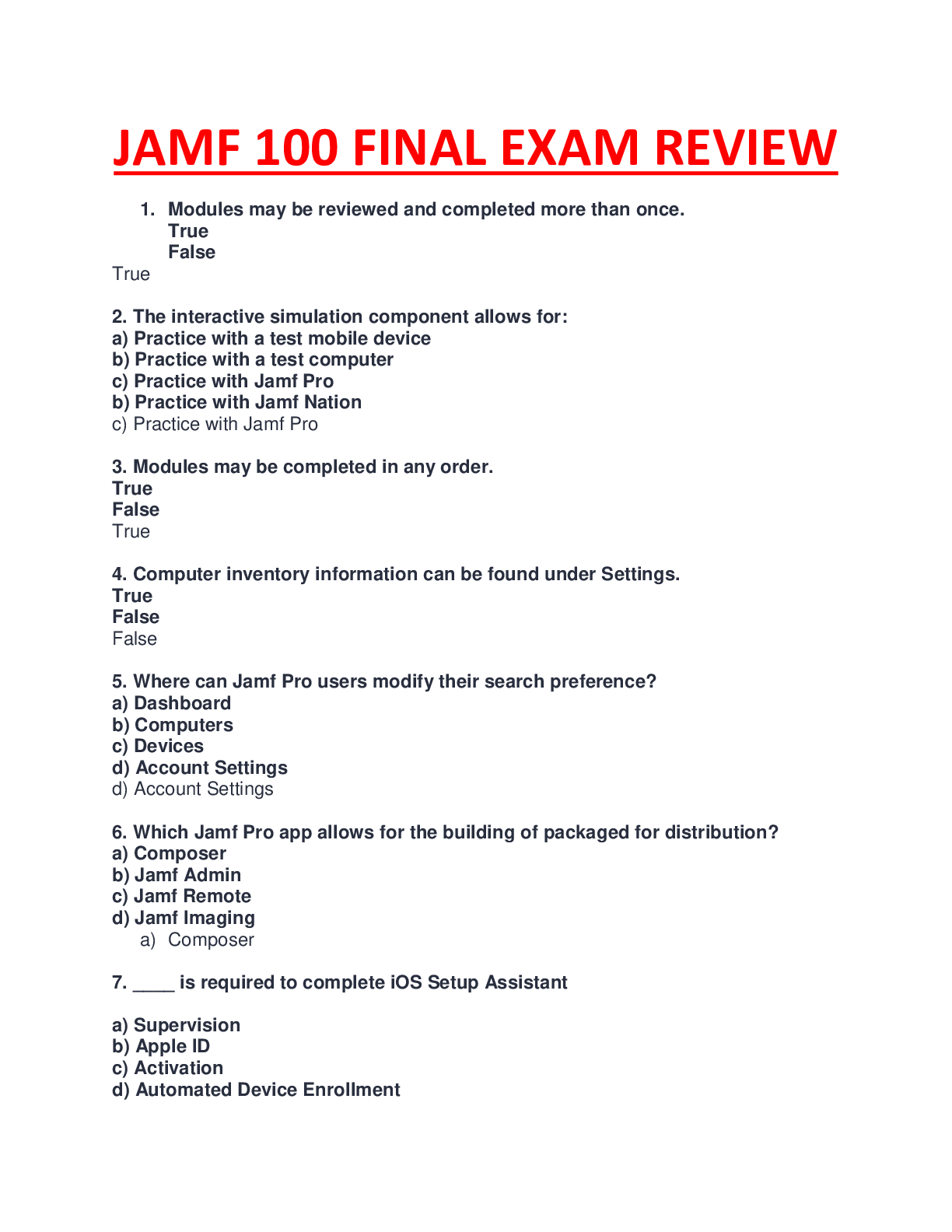 Preview of JAMF 100 FINAL EXAM REVIEW 2023 SERIES MULTIPLE QUESTIONS COMPLETE GUIDE SOLUTION|100% VER